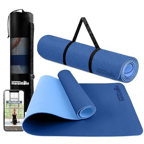LA MENTE ES MARAVILLOSA - Tappetino da Yoga, Pilates, Ginnastica, Antiscivolo in TPE Ecologico con Tracolla e Borsa per il Trasporto, Palestra in Casa 183x61x0,6 cm (Blu Scuro/Chiaro senza Disegno)