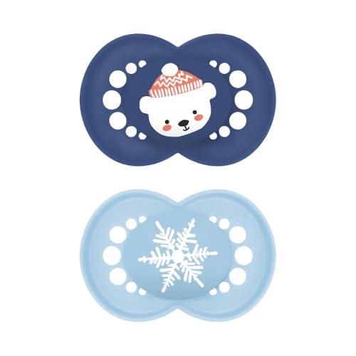 MAM Original Winter Limited Edition Succhietto 16+ Mesi (Set da 2), Ciuccio MAM 16 36 mesi a tema invernale e natalizio, Regalo neonato con tettarella silicone e porta ciuccio sterilizzatore, Azzurro