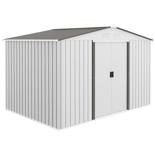 Outsunny Casetta da Giardino 5 m² con Fondazione, 4 Prese d'Aria e 2 Porte Scorrevoli, Capanno Porta Attrezzi in Lamiera d'Acciaio, 277x195x192 cm, Argento