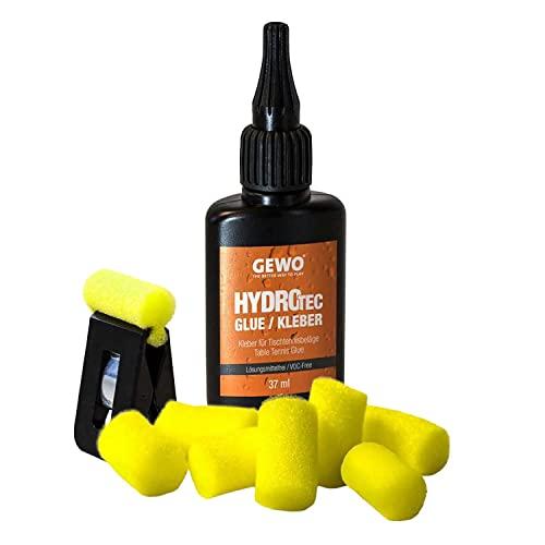 GEWO HydroTec - Colla per ping-pong a base d'acqua, approvata ITTF per racchette da ping pong, colla senza solventi per tutti i rivestimenti TT, con morsetto e spugne applicatore, 37 ml
