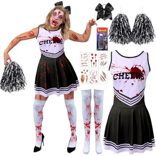 Cheerleader Zombie Donna, Fantasia Costume Cheerleader Halloween, Vestito Cheer-leader Halloween con Pom poms Fascia da Capelli Calzini Cicatrici Tatuaggio Sangue Falso, Cheer-leader Zombie per Party