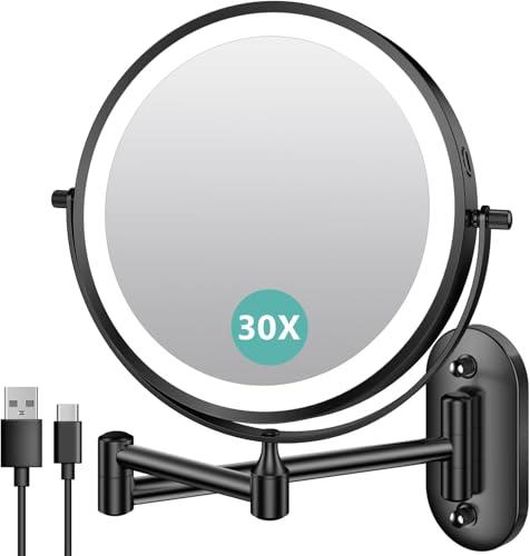 Auxmir Specchio Trucco con Ingrandimento 30X/1X, Specchio da Parete a 54 LED 3 Colori di Luce, Specchio Estensibile, Rotazione a 360°, Alimentato da Batterie Ricaricabile 3200mAh, per Bagno Hotel Spa