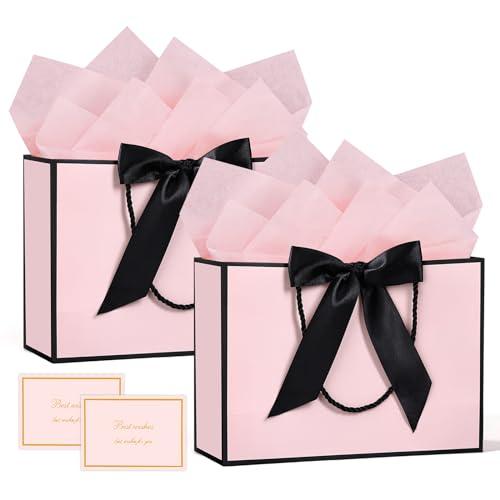 BBILKE Sacchetti Regalo Medie - 2 Sacchettini Borsa Regali Compleanno in Carta con 2 Carte, Buste Regalo Grandi Elegante con Manici per Donne Ragazze San Valentino Festa di Nozze Natale (Rosa Nero)