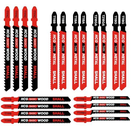 SHALL Set di lame per seghetto alternativo con attacco a T da 20 pezzi, in HSS/CPV, compatibile con tutti i seghetti alternativi, varie lame per legno, taglio di metalli, con scatola di conservazione.