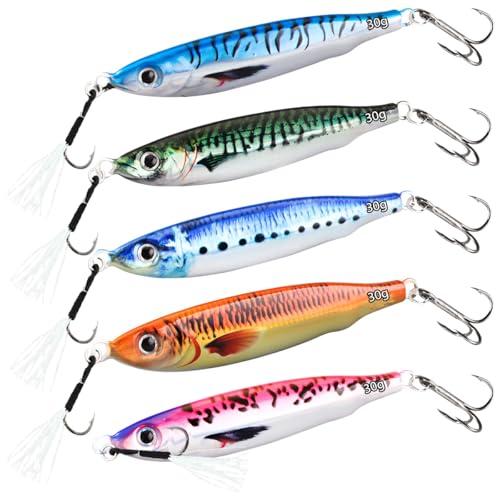 3D Stampa Affondamento Esche da Pesca, WASAGA 5pz 20g/30g/40g/60g/80g Metallo duro Acqua Salata e Acqua Dolce Spinner Pesce Esca per Basso e Sgombro & Jigging Lure