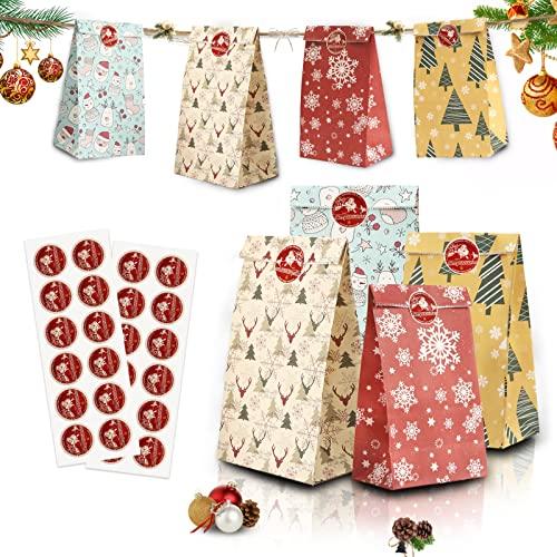 Mizijia Sacchetti di carta, sacchetti regalo natale, 24 Pezzi Fiocchi di neve sacchetti di carta per caramelle, Sacchetti regalo colorati con 24 adesivi Sacchetti (Fiocchi di neve)