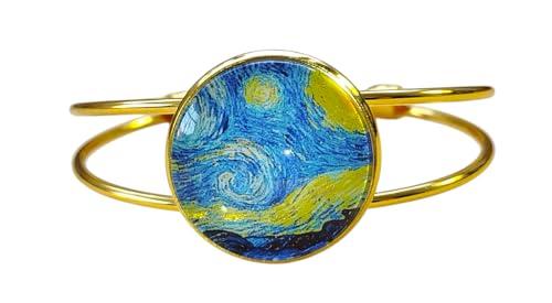 Bracciale Particolare Notte Stellata, Rigido, Regolabile Con Cabochon,Idea Originale per Regalo Natale, Fatto a Mano, Gioielli Donna Particolari Dipinti a Mano Dorato (Dorato)