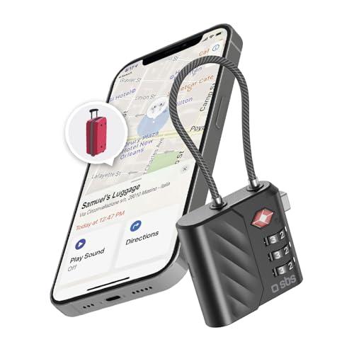 SBS Track My Lock - Lucchetto TSA con Localizzatore Finder Integrato, Compatibile Apple Dov'è (iOS), Blocco a Combinazione 3 Cifre, Allarme 60 dB, Ricarica USB-C, Ideale per Valigie e Borse, Nero