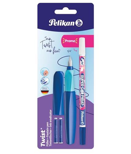 Pelikan Twist in Colori Assortiti, Penna Stilografica Ergonomica, per Destrimani e Mancini, per Scuola e Ufficio, Pennino M in Acciaio Inossidabile, 2 Cartucce Blu e Cancellino Inclusi. Ricaricabile