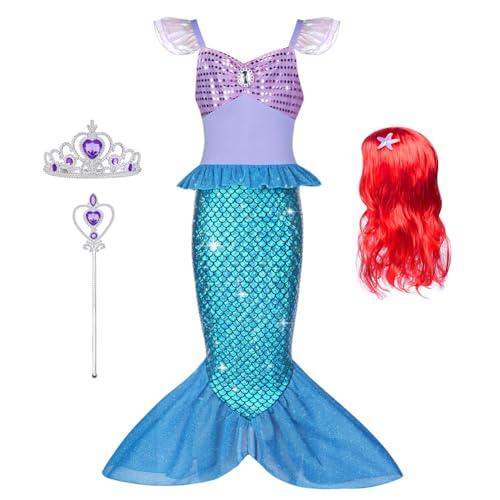 AOOWU Vestito Sirenetta Bambina, Sirena Principessa Vestito Costume con Parrucca, Vestiti Sirenetta Costumi Cosplay Sirena per Halloween, Natale, Cosplay, Compleanno(130cm)