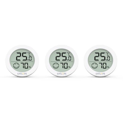 Explore Scientific WSH0008 Mini Termometro Igrometro con Indicatore di Comfort, 3 Pack, Display LCD, Temperatura, Umidità, Dimensioni Ridotte, Bianco