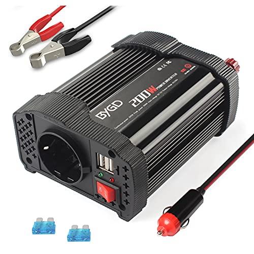 12V Invertitore Corrente per Veicoli, 200w Convertitore Potenza DC a AC 220-230V, con Accendisigari e Clip Batteria