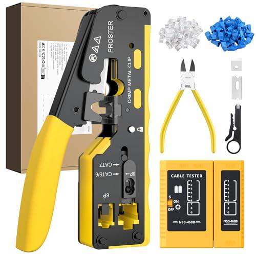 Proster Pinza Crimpatrice RJ45 Pass Through Multifunzione Spelafili per Cavo Rete CAT5 CAT6/CAT6A e CAT7 Kit Strumento Crimpatura 8P+6P con 50pz Connettori Cat6 e Coperture di Protezione Giallo
