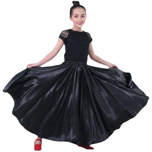 Baisdan Gonna per Danza del Ventre per Ragazze, Gonna Lunga in Raso Cerchio Completo per Danza del Ventre, Costume da Ballo Flamenco,Nero 8-12 Anni