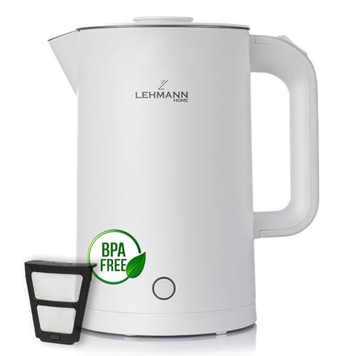 LEHMANN Bollitore Elettrico in Acciaio Inox, 1,7L, 2200W, Riscaldamento Rapido, Design a Doppia Parete, Base Girevole 360°, Spegnimento Automatico, BPA-free, per Tè, Caffè, Pappe, Bianco