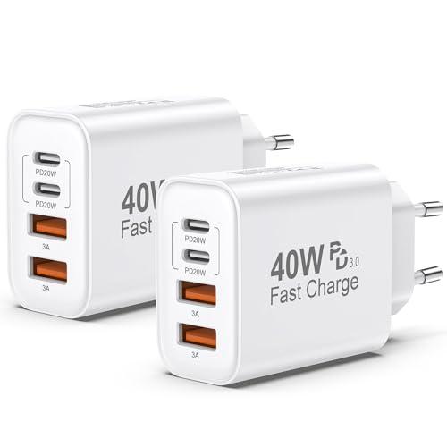 Caricatore USB C 2 Pack,40W 4-Porte Multiplo USB C & USB A Rapido PD & QC3.0,Alimentatore Presa Carica Spinotto Caricabatterie Cellulare Per iPhone 17/16/15/14/13/12/11/Pro/Max/Per iPad/Samsung Spina