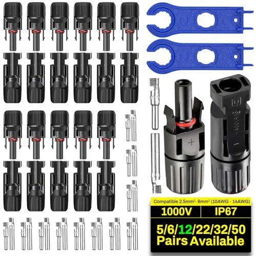 COCOSY 12 Paia Solari Cavo Connettori Con 1 Coppia Di Chiavi, Connettori Solari da Cavo per Pannelli Solari, Connettori Maschio e Femmina per Fotovoltaici PV DIY Cavo, Nero Connettori Fotovoltaici