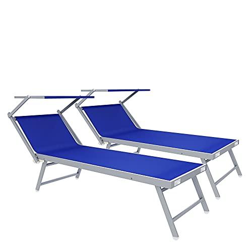 Coppia Di Lettini Prendisole 720 gr/m² Pieghevole Professionale In Alluminio Tettuccio Orientabile Parasole Sdraio Lettino Prendi Sole Mare Spiaggia Piscina Giardino 182 x 60 x 38 cm (Blu)