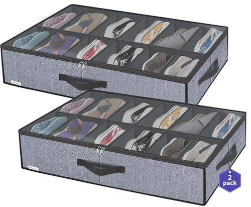 homyfort Set di 2 Organizzatore Scarpe Sottoletto con Coperchio Trasparente - Custodia Portascarpe a 12 Scomparti Organizer Pieghevole in Tessuto, Lino Grigio, XDUBSB2P