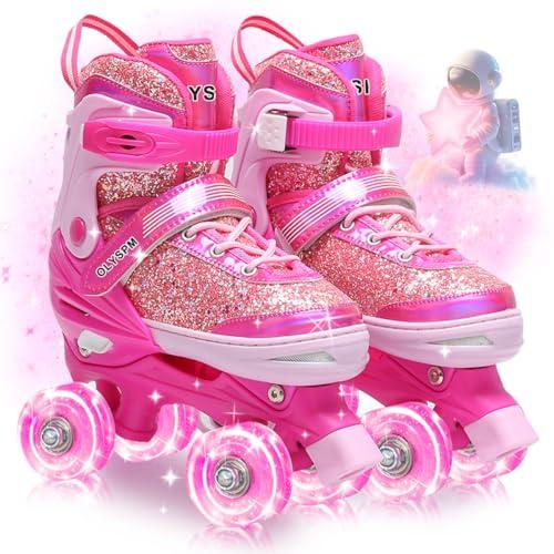 OLYSPM Pattini a Rotelle Bambina,Tomaia fluorescente,Roller Bambina regolabili con 8 Illuminante Ruote e borsa per riporre gli oggetti per Ragazzi,Ragazze e Principianti(Rosa)