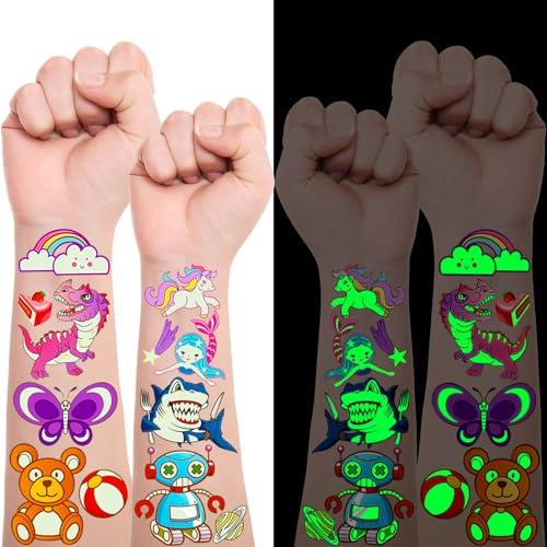 Tatuaggi per Bambini 30 Fogli 400 Style Tatuaggi Luminosi per Bambini con dinosauri Sirena Unicorno Farfalle Squalo Spazio Auto ecc, Gadget Compleanno Bambina e Bambino, Regalini Fine Festa Compleanno