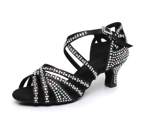 Rosefinch Scarpe da Ballo Latino da Donna con Strass Fondo Morbido Modern Pole Dance Ballroom da Sposa Scarpe Latine Regolabili per Ragazze Signore Nero 5cm Tacco 36 EU