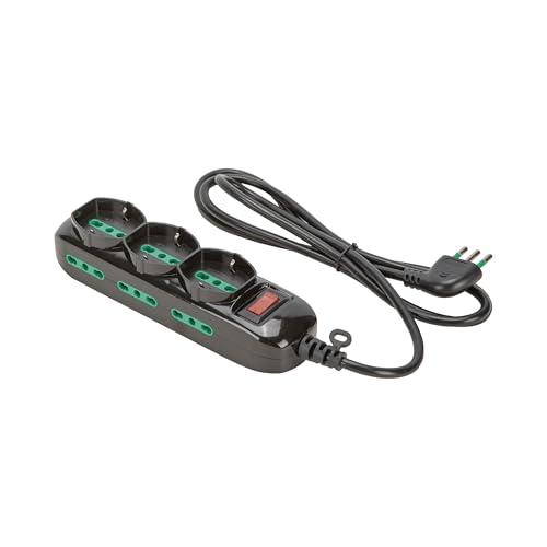 FANTON 474174 Multipresa TRIAX 3 prese bipasso-schuko, 6 prese bipasso, cavo 1,5m, spina a squadra 10A + interruttore di sicurezza, colore nero
