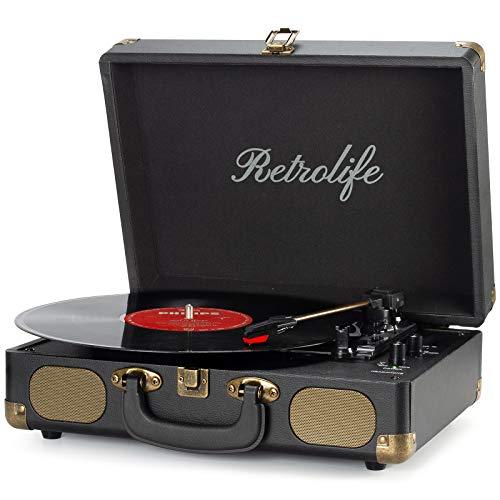 Giradischi Bluetooth 3-Velocità 33/45/78 Giri, Stereo Portatile Vintage Giradischi in Vinile con Altoparlanti Incorporati, Uscita Linea RCA, Ingresso AUX, Jack per Cuffie