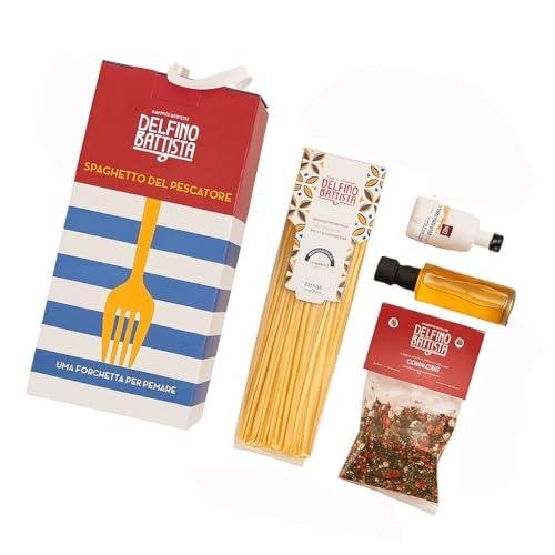 Box Speciale | Lo Spaghetto del Pescatore | Delfino Battista | Cetara Costa d'Amalfi | Ingredienti per 4 Persone | Colatura di Alici | Ricettario | Spaghetti | Olio | Mix di Spezie e Odori