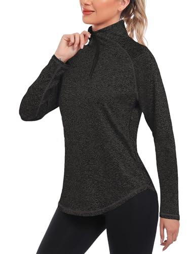 iClosam Maglia Sportiva Donna Manica Lunga Maglia Tecnica Trekking con Mezza Zip Maglietta da Corsa Traspirante Maglie Running Leggera Nero M