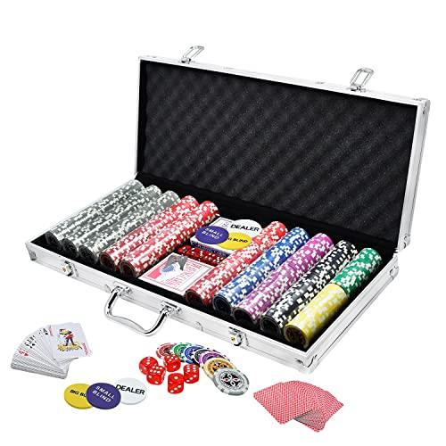 TRMLBE Valigetta da Poker Set da 500 fiches da Poker fiches da Poker Laser con mazzi da Poker 2X, Pulsante Dealer 3X, Dadi 5X, Custodia in Alluminio con 2 Chiavi - Argento