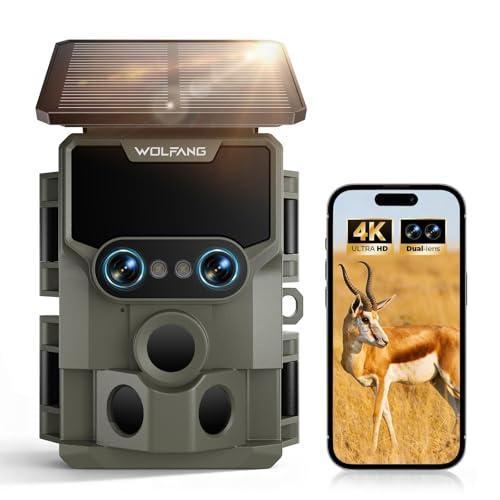 WOLFANG Fototrappola Solare 64MP 4K 30fps, Doppia Lente Wi-fi Bluetooth Fotocamera Caccia con Visione Votturna Stellata, 5000mAh Angolo di Rilevamento 120° Impermeabile IP66