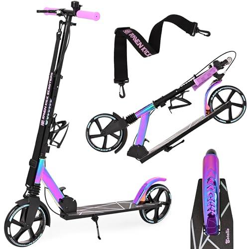Raven - Monopattino per bambini, adulti - Scooter - Monopattino freestyle - Pieghevole, regolabile, tracolla per il trasporto, campanello - Estelle PRO Black con Freno a Mano, ruote da 200 mm