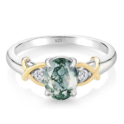 Anello in agata muschiata verde Gems Vibes, anello in argento sterling 925, anello ovale in agata verde, anello fatto a mano per donna, anello con pietra preziosa cristallina (Due toni), taglia 6