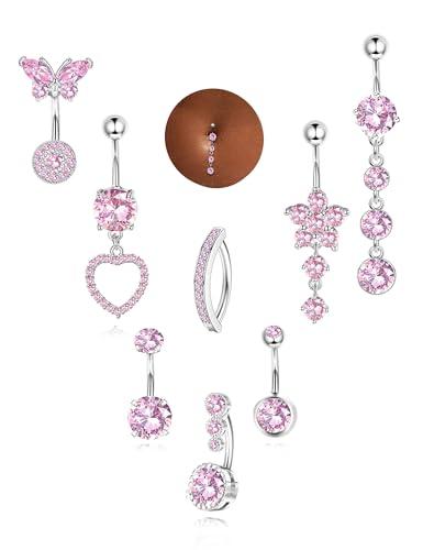 Milacolato Piercing Ombelico Acciaio Chirurgico, Set di 8 Rosa Navel Piercings, Gioielli Pendenti per la Cute a Fiore, Cuore e Farfalla, Gioielli per Gioiello per l'Addome Clicker per Donne e Ragazze