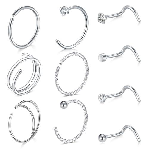 LAURITAMI 20G Piercing Naso acciaio chirurgico piercing naso cerchio Argento C forma S forma anello Piercing Naso Orecchini Piccolo Doppio Piercing Anello Naso per donne uomini,Confezione da 10 pezzi