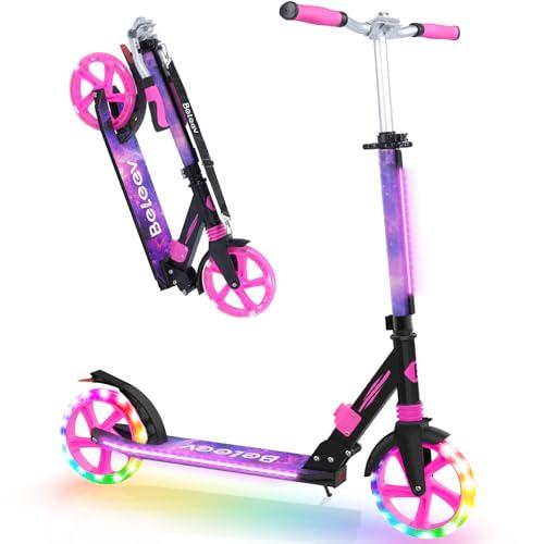 BELEEV Monopattino Pieghevole, Altezza Regolabile, Scooter con Ruote Grandi 200mm, LED Illuminate Ruote, Stem, Deck, Cinghia di Trasporto, per Bambini e Adulti Fino a 100KG
