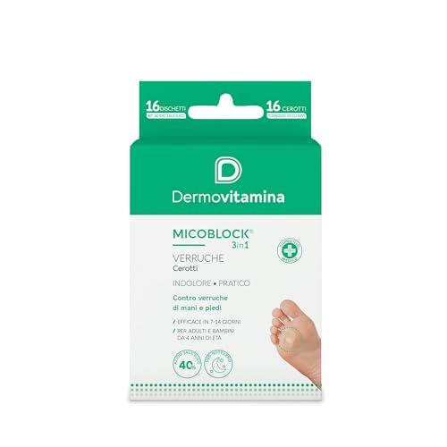 Cerotti Verruche - Verruche Rimozione - Mani e Piedi - Acido Salicilico Verruche - Indolore e Pratico - Adulti e Bambini 4+ - Confezione da 16 Cerotti e 16 Dischetti - Dermovitamina Micoblock 3in1