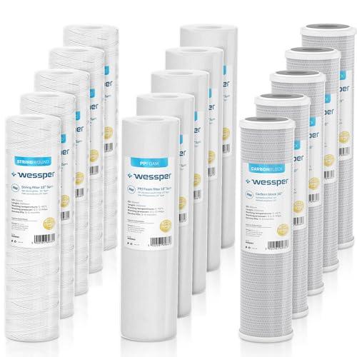 Wessper Set 15x Cartuccia Filtro Acqua 10 ''| Filtro Acqua - 5x Filtro a Corda 5x Filtro a Schiuma 5x Blocco di Carbone Attivo | Cartucce Filtro per Osmosi Inversa Compatibile con Tutti Sistemi da 10