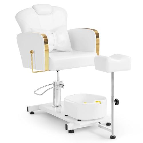 Barberpub Sedia da pedicure con vasca e sgabello, sedia da parrucchiere regolabile e inclinabile, per salone unghie retro F0371 (Oro-Bianco)