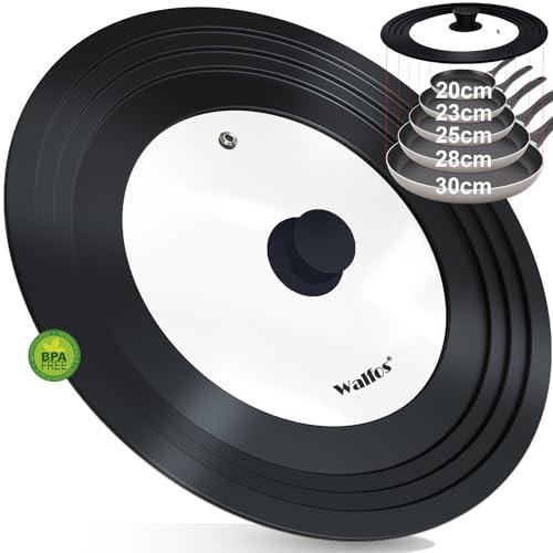 Walfos Coperchio universale Ø 30, 28, 26, 24 e 20 coperchi in vetro per pentole, padelle con bordo in silicone graduato, coperchio per padelle e pentole, coperchio resistente al calore