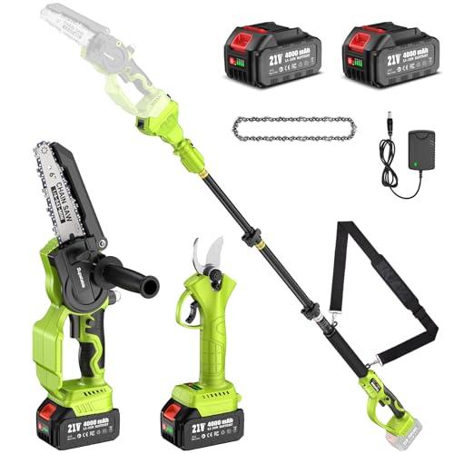 Supstable Motosega a Batteria Telescopica 6 Pollici & 33 mm Forbice Potatura a Batteria, 4 in 1 Kit Motosega e Forbici con 8000 mAh Batterie, Asta Telescopica 4,8 m, Regolazione Catena Senza Attrezzi