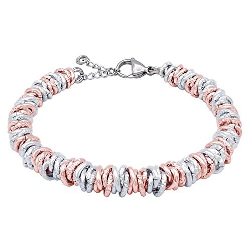 ParticolarModa Bracciale Donna regolabile nodini anellini lucido diamantato acciaio alluminio morbido 7 mm (Regolabile da 16 a 19 cm (x polso 13-15), Argentato/Rosè)