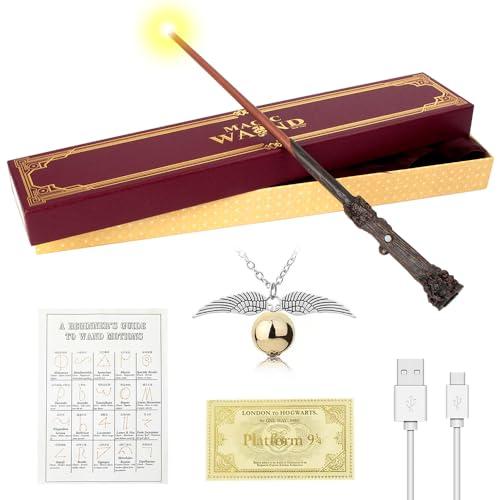 WDKXCN Bacchetta Harry Luminosa, 37CM Bacchetta Harry P-Otter con Ricarica USB, Magica Bacchettas in Confezione Regalo con Carta Incantesimo, Biglietto Stazione e Collana