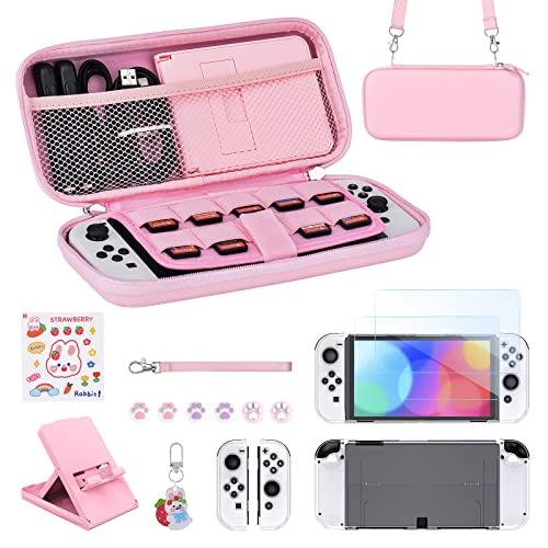 Younik Pacchetto Accessori Switch OLED, kit Accessori OLED rosa 17 in 1 per Ragazze Include Custodia per Switch, Supporto Regolabile, Custodia Protettiva per Console Switch e J-Con (Rosa Brillante)