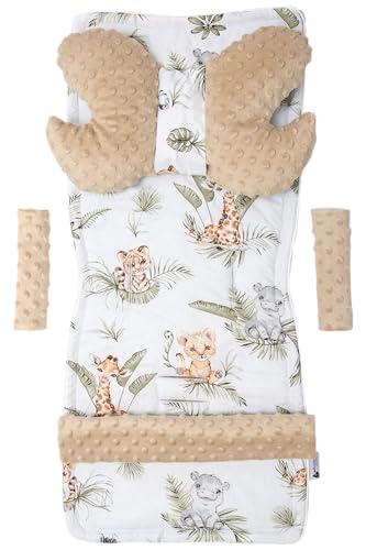 Medi Partners Riduttore Passeggino Universale Materassino Copri Neonato Cuscino - 5 elementi 78x35cm Copripasseggino Estivo per Neonati Cotone Minky (Safari con Minky beige)