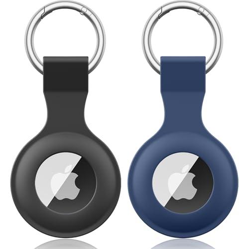 2 Pezzi Meliya AirTag Portachiavi per Apple Airtag, Silicone Custodia per Airtag Apple con Portachiavi, Cover Protettiva per AirTag per Zaini e Animali Domestici (Nero+Blu navy)