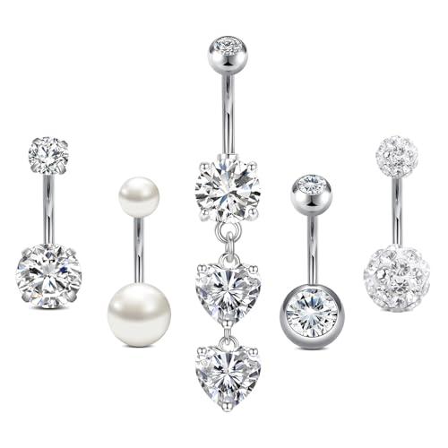 AceFun 14G Piercing Ombelico Acciaio Inox Argento 10mm - 5 Pezzi Corto Cuore Piercing Ombelico Acciaio Chirurgico Donne