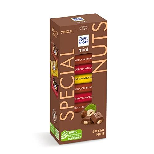 RITTER SPORT Mini Tower Special Nuts, Mix Cioccolatini, 3 Gusti, Cioccolato al Latte Extra Con Nocciole, Cioccolato Fondente Con Nocciole, Cioccolato Bianco Con Nocciole, 7 Pezzi, 116g