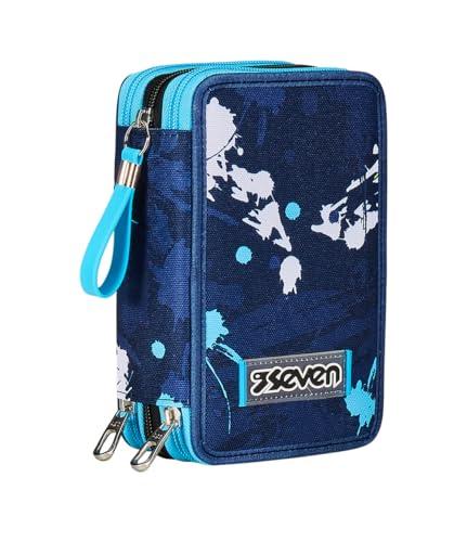 Seven Astuccio 3 Scomparti, Blu, Triplo Scomparto, Completo di Matite, Pennarelli, Colori, Accessori Zaino, Elementari, Medie, Superiori, Bambino e Ragazzo